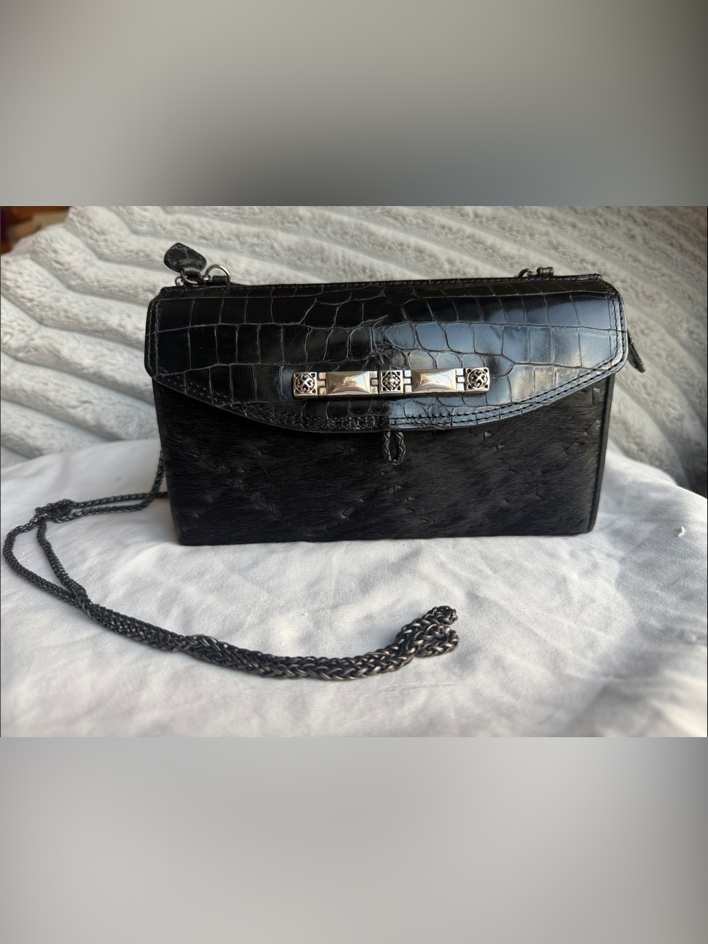 Brighton Black Croc-Embossed & Haircalf Purse with Chain and Attached Wallet